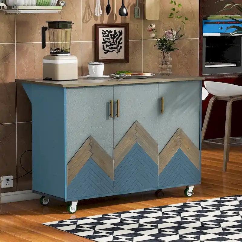 Retro MDF Kitchen Island on Wheels with Drop Leaf and Towel Rack