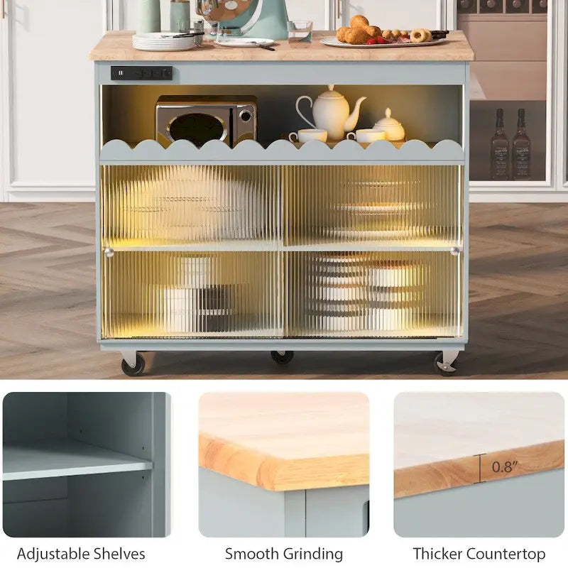LED Light Kitchen Island on Wheels with Drop Leaf and Power Outlets