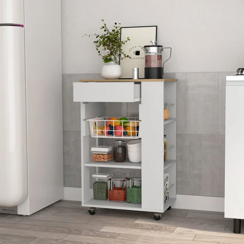 Kitchen Cart, One Drawer, Two Open Shelves, Four Casters -White / Light Oak