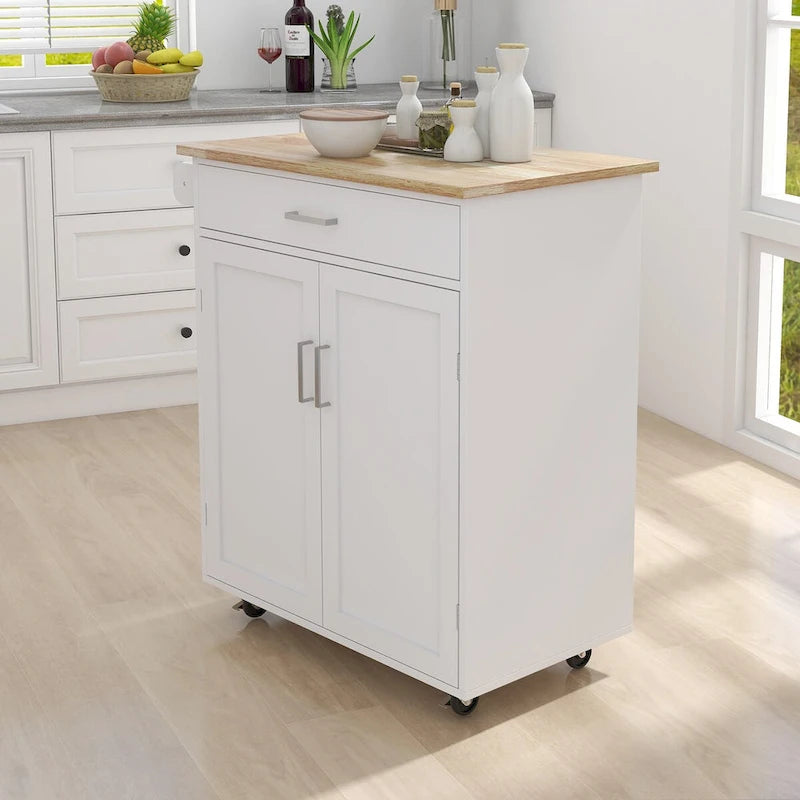 Kitchen Island Rolling Cart with Adjustable Shelves and Towel Rack, Rubberwood Top