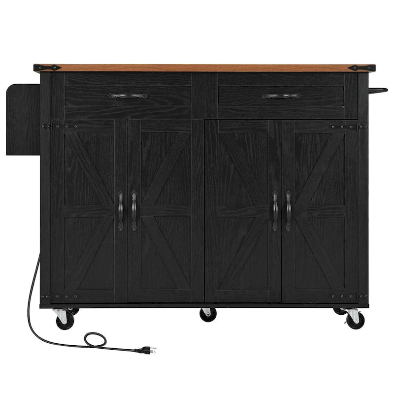 53.5 Farmhouse Kitchen Island Cart with Power Outlet, Drop Leaf, Spice Rack, and 2 Drawers, 5 Wheels