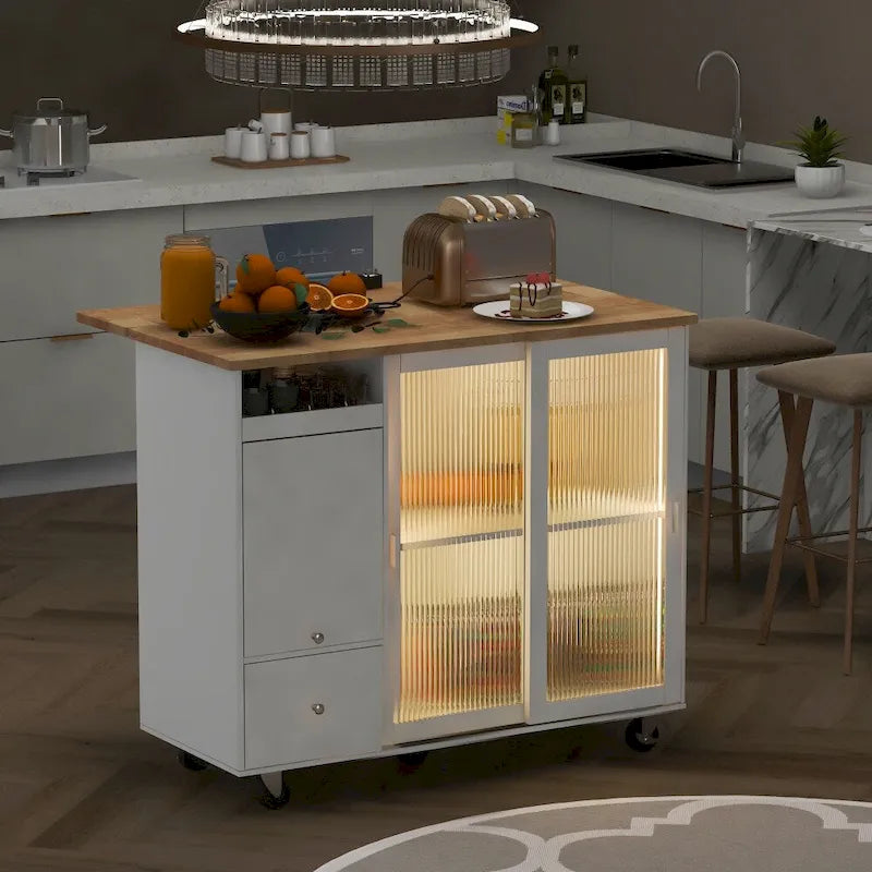 LED Light Kitchen Cart with Drop Leaf and Adjustable Shelf