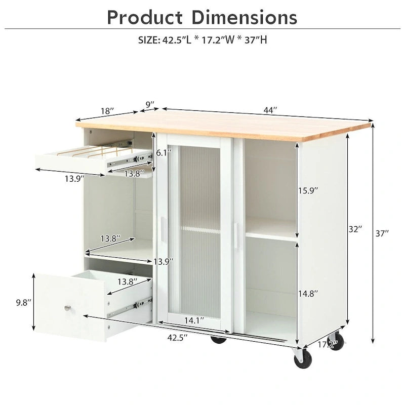 LED Light Kitchen Cart with Drop Leaf and Adjustable Shelf