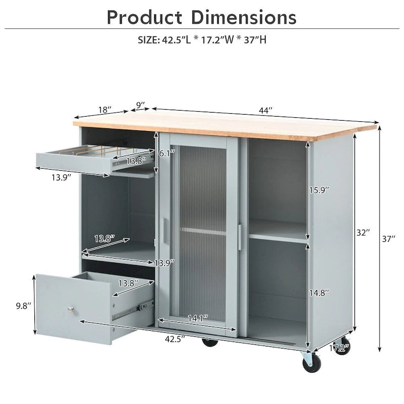 LED Light Kitchen Cart with Drop Leaf and Adjustable Shelf