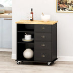 Contemporary Wood Kitchen Cart with Wheels Drawers and Cabinet by