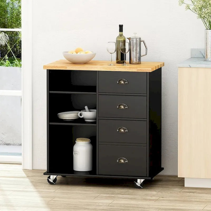 Contemporary Wood Kitchen Cart with Wheels Drawers and Cabinet by