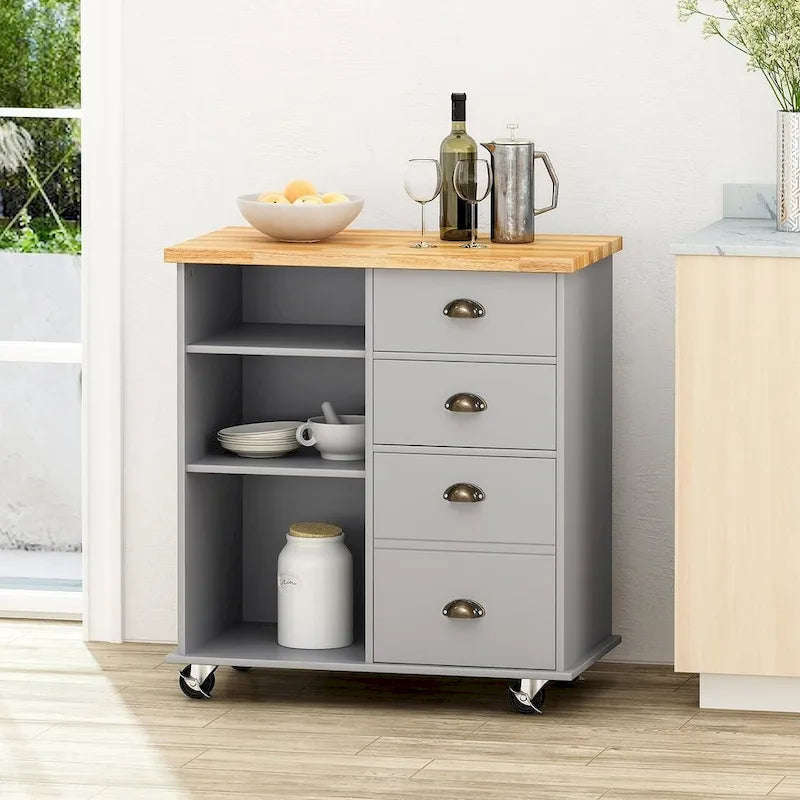 Contemporary Wood Kitchen Cart with Wheels Drawers and Cabinet by