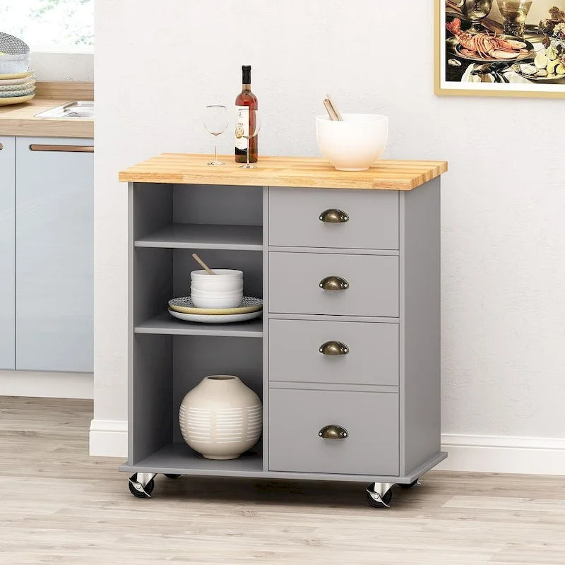 Contemporary Wood Kitchen Cart with Wheels Drawers and Cabinet by