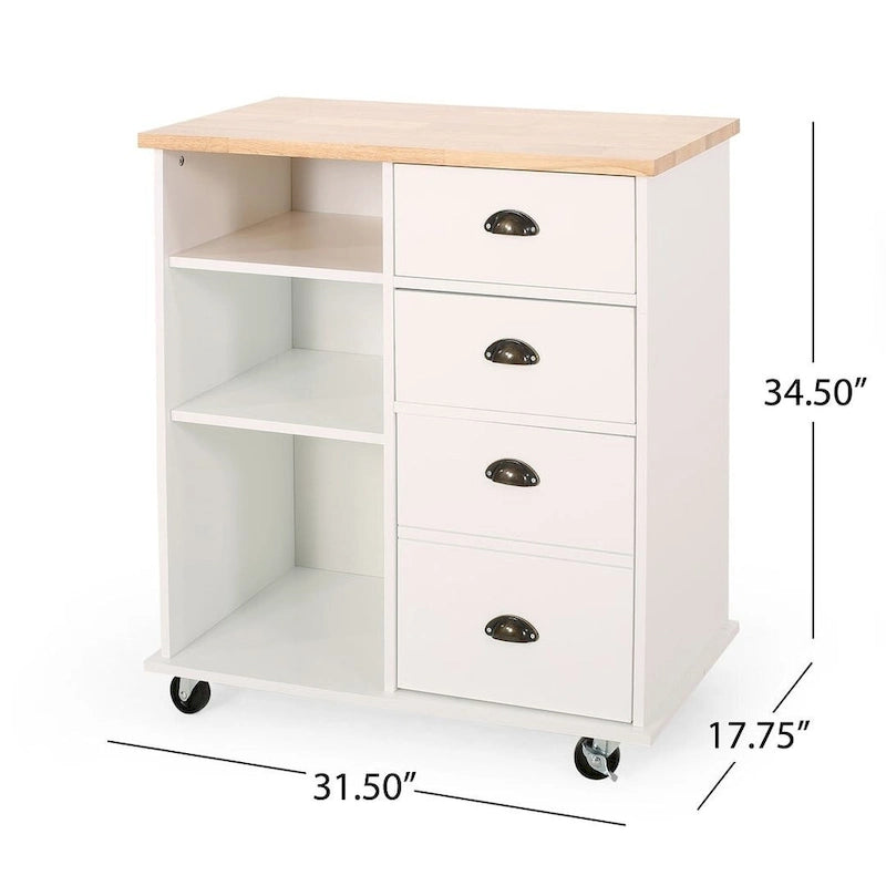 Contemporary Wood Kitchen Cart with Wheels Drawers and Cabinet by