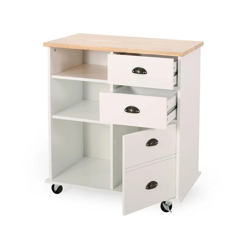 Contemporary Wood Kitchen Cart with Wheels Drawers and Cabinet by