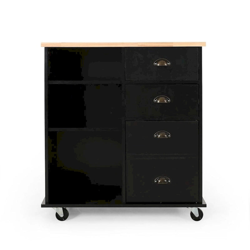 Contemporary Wood Kitchen Cart with Wheels Drawers and Cabinet by
