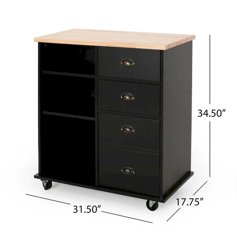 Contemporary Wood Kitchen Cart with Wheels Drawers and Cabinet by