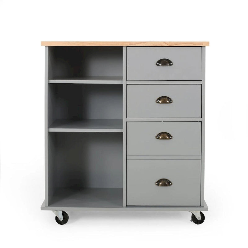 Contemporary Wood Kitchen Cart with Wheels Drawers and Cabinet by