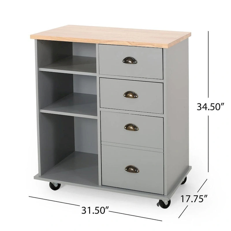 Contemporary Wood Kitchen Cart with Wheels Drawers and Cabinet by