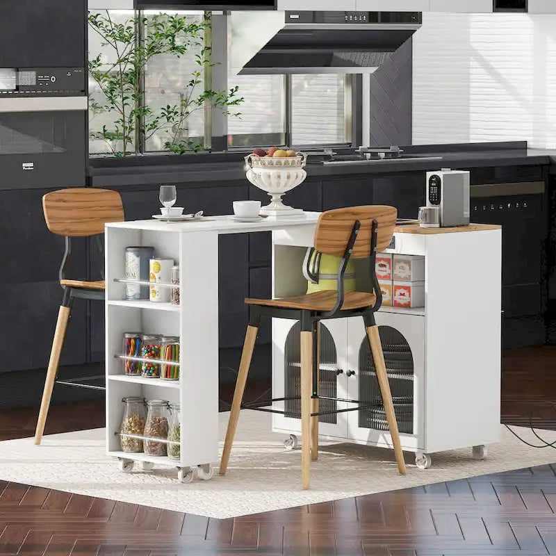 LED Lights Kitchen Island Cart With Extended Table and Power Outlets