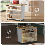44 in. W Kitchen Island Rubberwood Drop-Leaf Countertop on 5 Wheels with Open Shelf and Wine Rack - 44