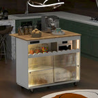 44 in. W Kitchen Island Rubberwood Drop-Leaf Countertop on 5 Wheels with Open Shelf and Wine Rack - 44