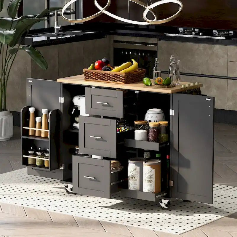 50 in. W Kitchen Island Rubberwood Top on 5 Wheels with 3 Drawers and 2 Slide-Out Shelf