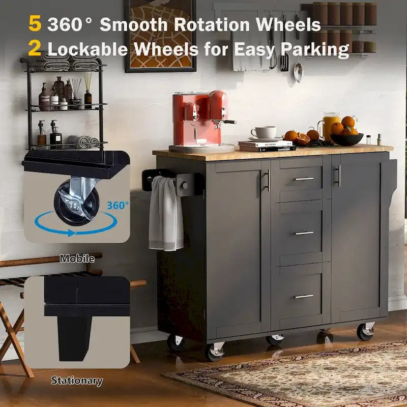 50 in. W Kitchen Island Rubberwood Top on 5 Wheels with 3 Drawers and 2 Slide-Out Shelf
