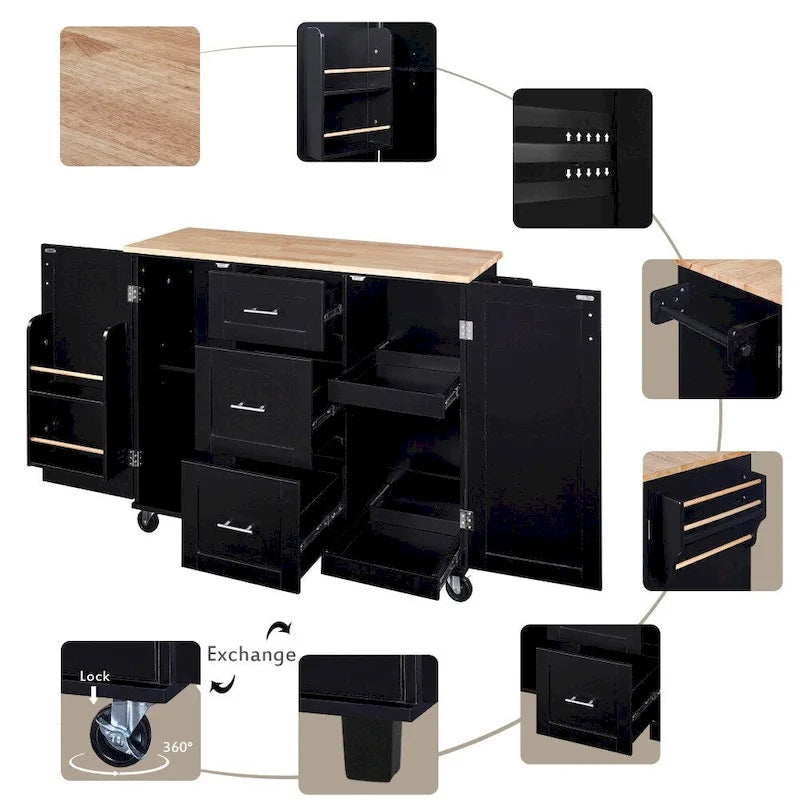 50 in. W Kitchen Island Rubberwood Top on 5 Wheels with 3 Drawers and 2 Slide-Out Shelf