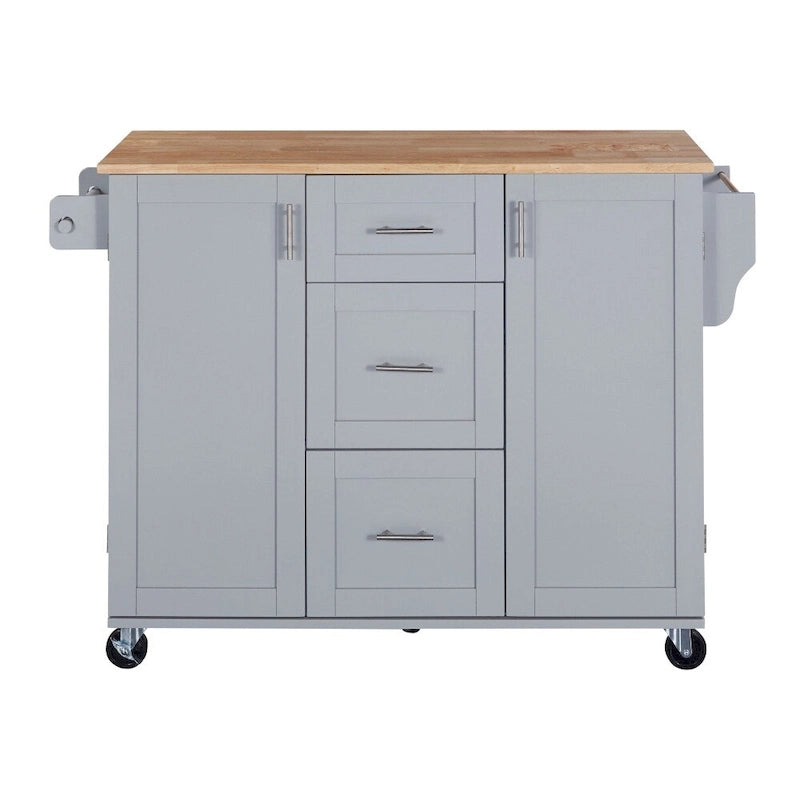 50 in. W Kitchen Island Rubberwood Top on 5 Wheels with 3 Drawers and 2 Slide-Out Shelf