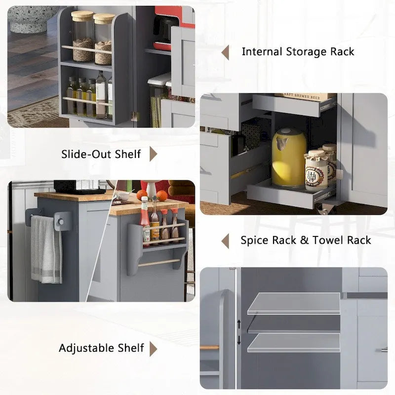 50 in. W Kitchen Island Rubberwood Top on 5 Wheels with 3 Drawers and 2 Slide-Out Shelf