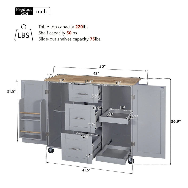 50 in. W Kitchen Island Rubberwood Top on 5 Wheels with 3 Drawers and 2 Slide-Out Shelf