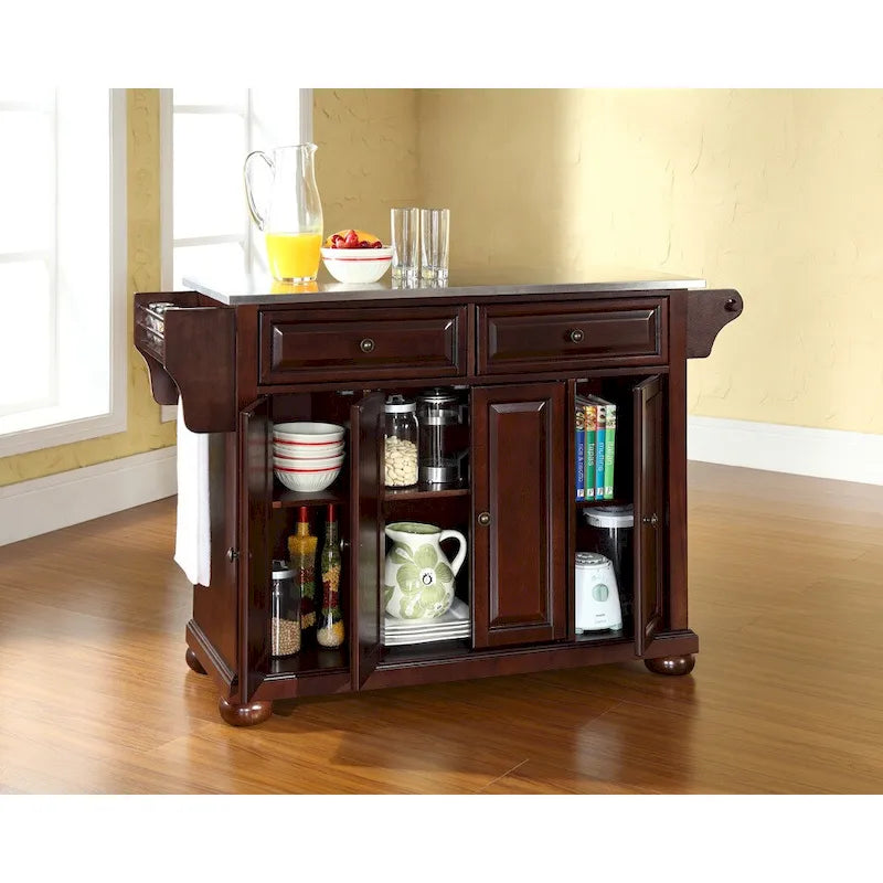 Alexandria Stainless Steel Top Kitchen Island in Vintage Mahogany Finish - 18d x 51.5w x 34h
