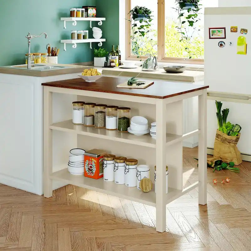 Solid Wood Rustic 45 in Kitchen Island with Butcher Block Top, 2 Shelves, Walnut and Cream White