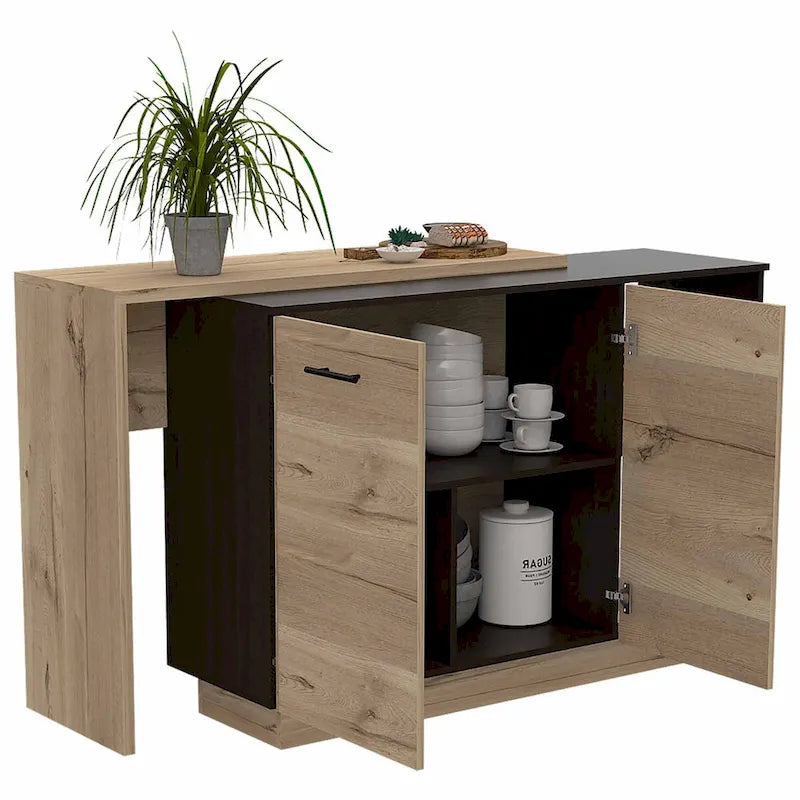 Black and Light Oak Contemporary Kitchen Island with Bar Table - 20 X 40 X 20