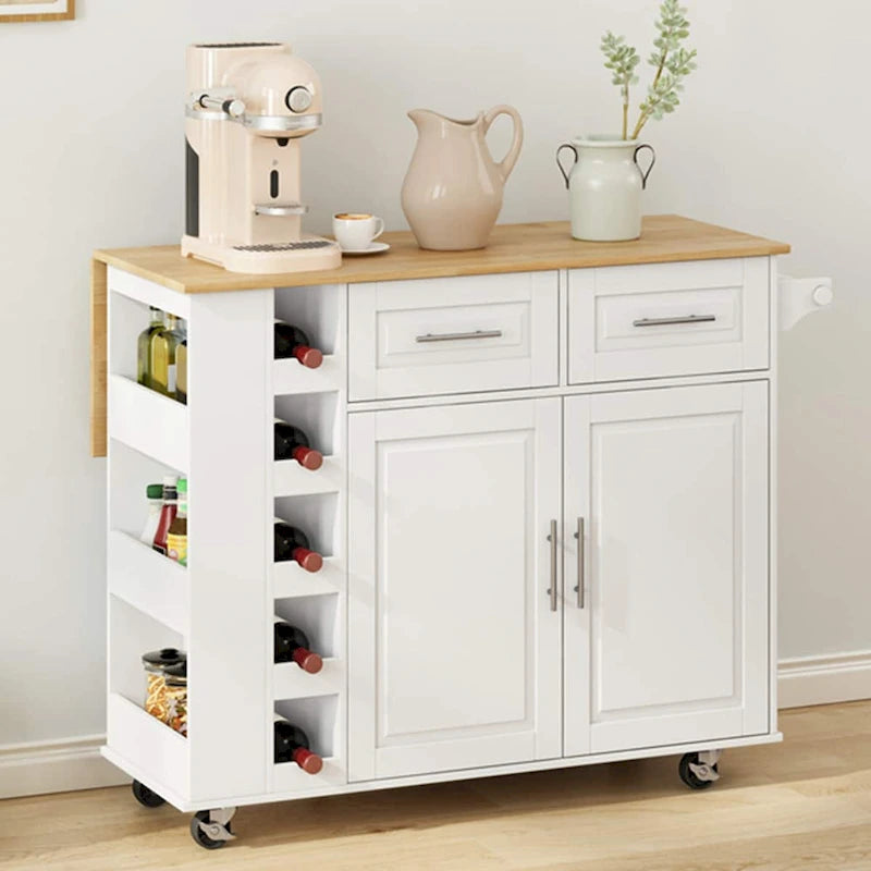Foldable Kitchen Island Cart with Spice Rack, Towel Holder & Wine Rack