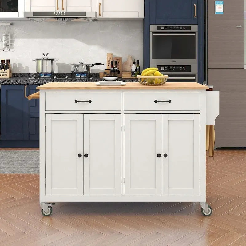 Kitchen Island Cart with Solid Wood Top, Locking Wheels, Spice & Towel Rack