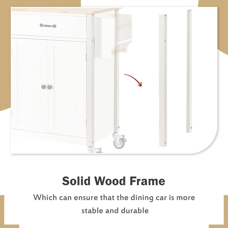 Kitchen Island Cart with Solid Wood Top, Locking Wheels, Spice & Towel Rack