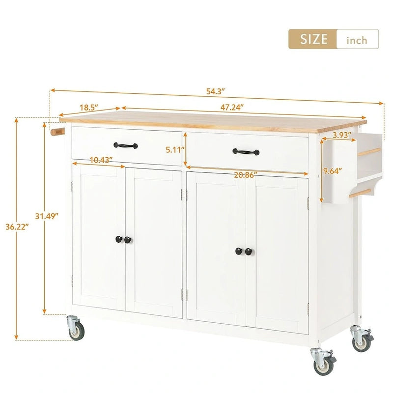 Kitchen Island Cart with Solid Wood Top, Locking Wheels, Spice & Towel Rack