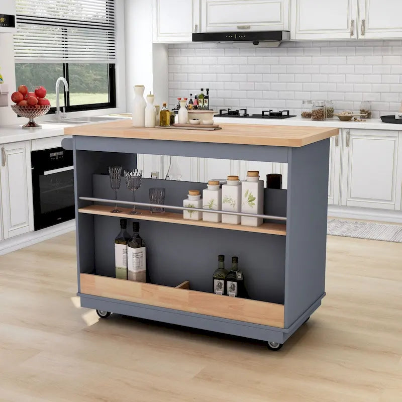 Rolling Kitchen Island with Storage, Two-sided Kitchen island Cart on Wheels with Wood Top, Wine and Spice Rack