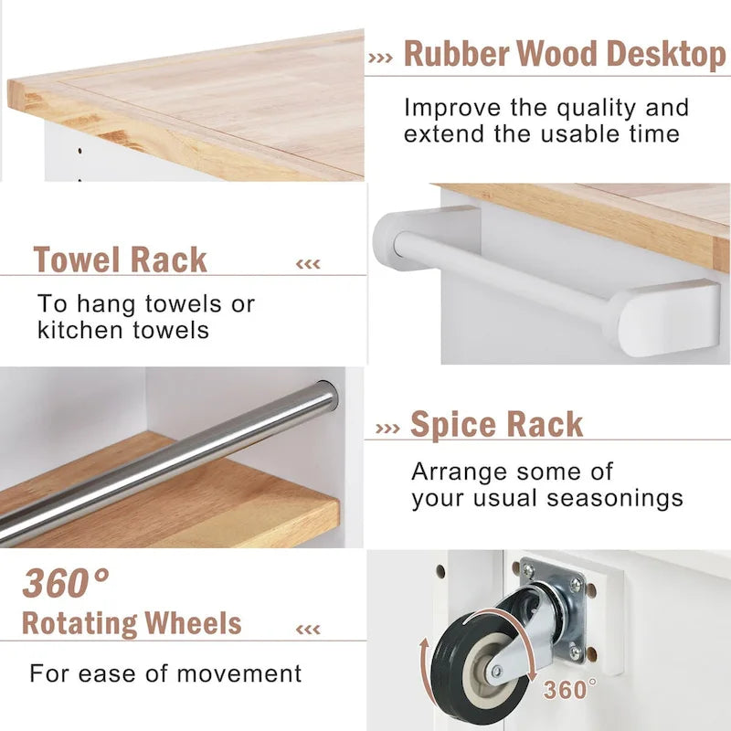 Rolling Kitchen Island with Storage, Two-sided Kitchen island Cart on Wheels with Wood Top, Wine and Spice Rack