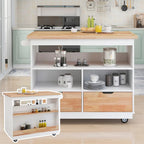 Rolling Kitchen Island with Storage, Two-sided Kitchen island Cart on Wheels with Wood Top, Wine and Spice Rack