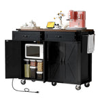 53.5 Farmhouse Kitchen Trolley with Power Outlet, Drop Leaf, Spice Rack, and Drawers, Mobile Cart on Wheels