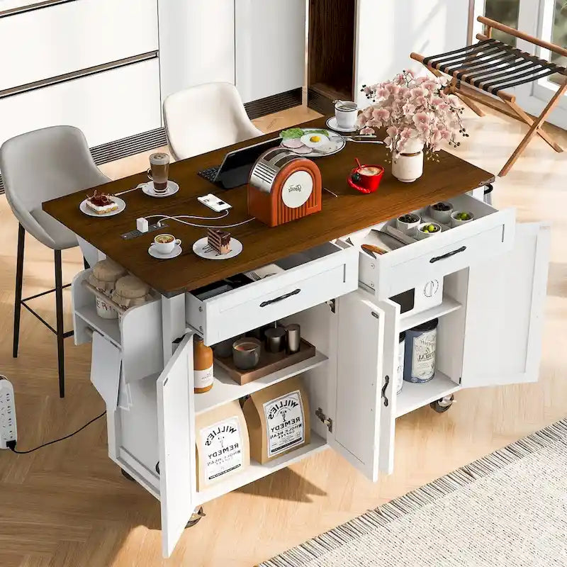 53.5 Farmhouse Kitchen Trolley with Power Outlet, Drop Leaf, Spice Rack, and Drawers, Mobile Cart on Wheels