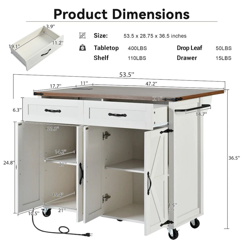 53.5 Farmhouse Kitchen Trolley with Power Outlet, Drop Leaf, Spice Rack, and Drawers, Mobile Cart on Wheels