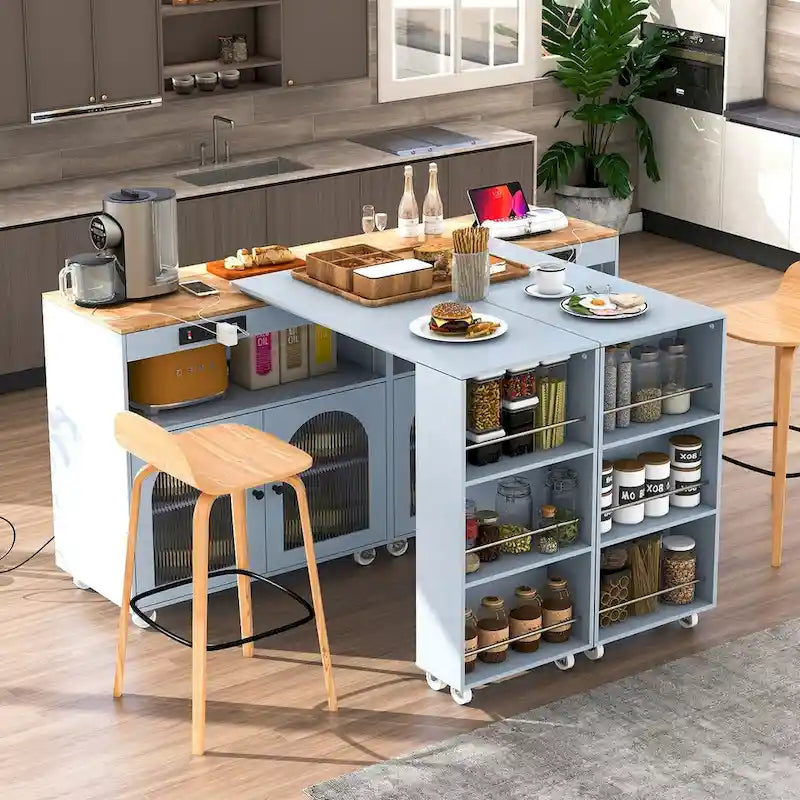 56.3 in. W Kitchen Island with Extended Table, LED Lights and Side 3 Open Shelves