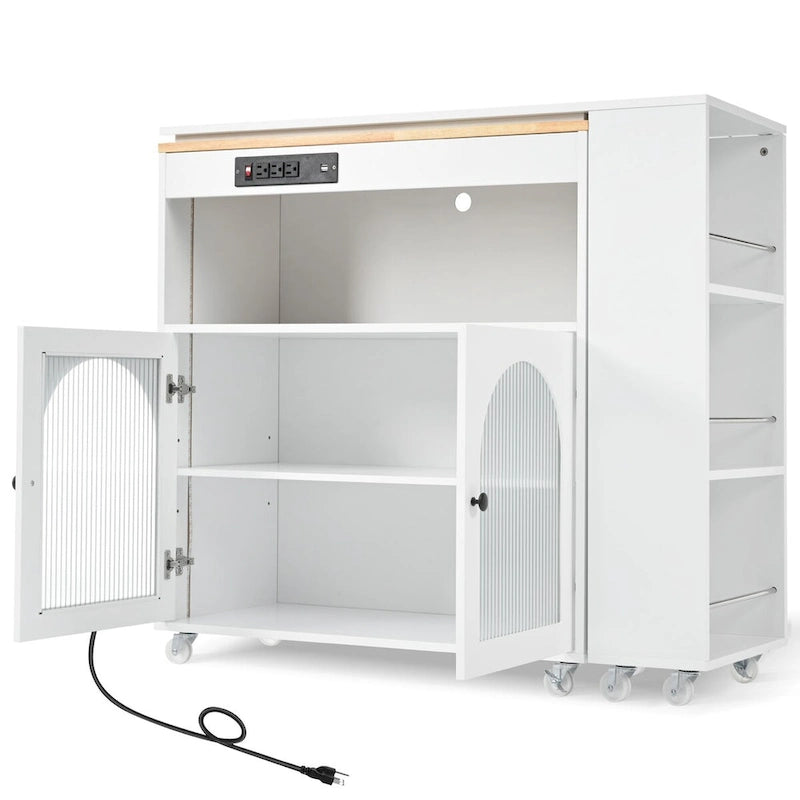 56.3 in. W Kitchen Island with Extended Table, LED Lights and Side 3 Open Shelves