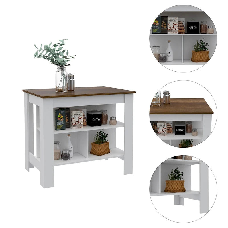 Open Kitchen Island,4 Legs, Three Shelves -White / Walnut