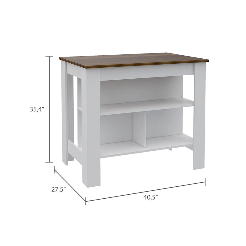 Open Kitchen Island,4 Legs, Three Shelves -White / Walnut