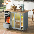 Kitchen Island with Drop Leaf,LED Light Cart on Wheels with 2 Fluted Glass Doors,Adjustable Shelf,2 Drawers,1 Flip Cabinet Door