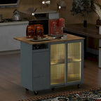 Kitchen Island with Drop Leaf,LED Light Cart on Wheels with 2 Fluted Glass Doors,Adjustable Shelf,2 Drawers,1 Flip Cabinet Door