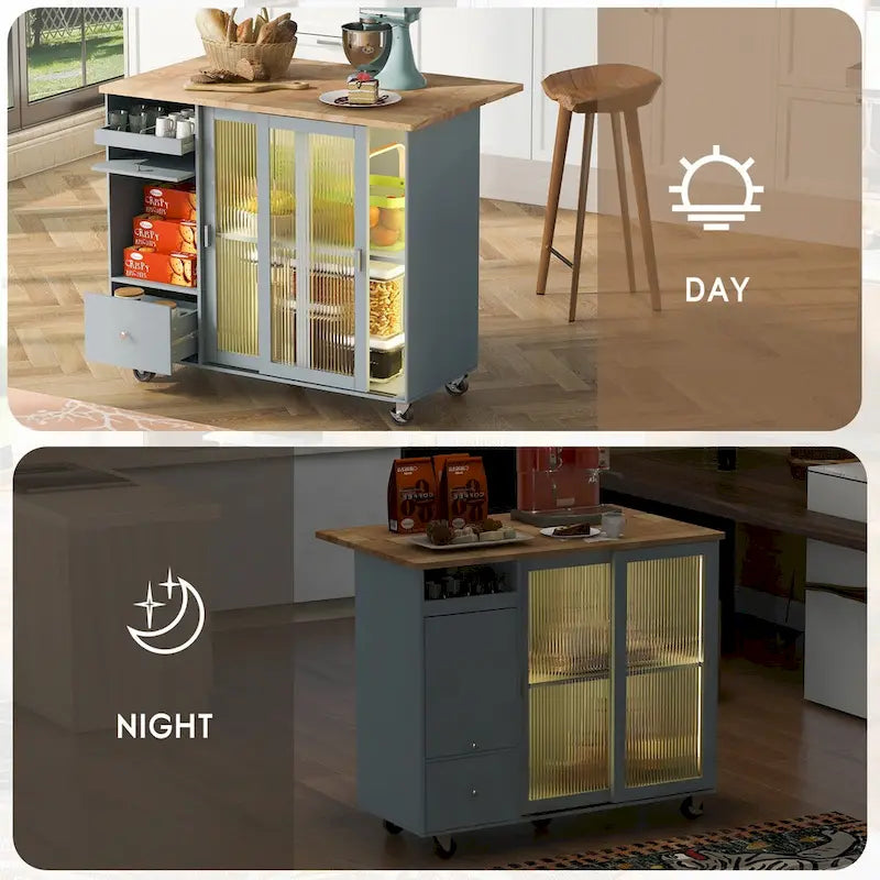 Kitchen Island with Drop Leaf,LED Light Cart on Wheels with 2 Fluted Glass Doors,Adjustable Shelf,2 Drawers,1 Flip Cabinet Door