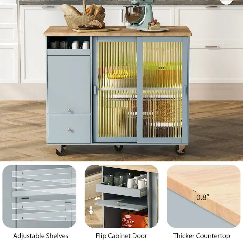 Kitchen Island with Drop Leaf,LED Light Cart on Wheels with 2 Fluted Glass Doors,Adjustable Shelf,2 Drawers,1 Flip Cabinet Door