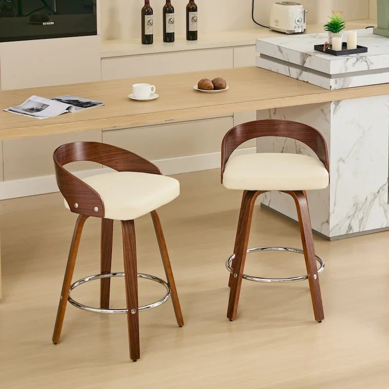 Bar Stools Set of 2,Swivel Bar Height Stools with Low Back,Wood Bar Chairs with Soft Cushion Seat,25-Inch Seat Height