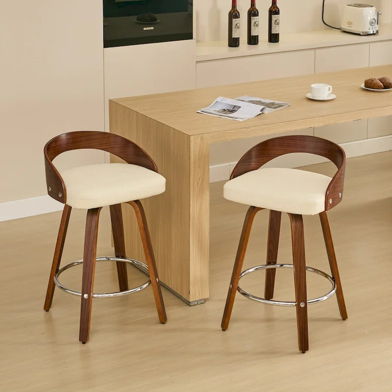 Bar Stools Set of 2,Swivel Bar Height Stools with Low Back,Wood Bar Chairs with Soft Cushion Seat,25-Inch Seat Height